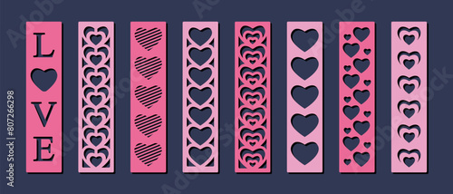 Set of 8 vertical bookmarks with love and hearts pattern. Laser cut template. Decorative bookmark stencil for paper, wood and metal cutting. Vector design