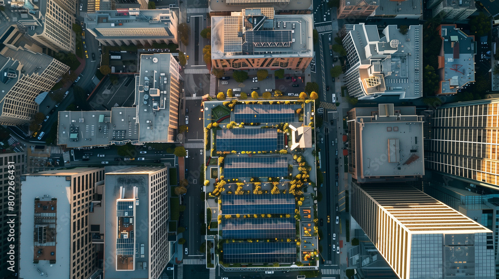 Aerial view of city with solar panels on rooftops of buildings. City skyline. Concept of sustainability and ecology.