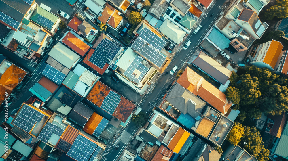 Aerial view of city with solar panels on rooftops of buildings. City ...