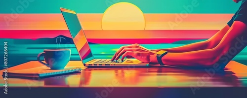 Create an image of a person using a laptop on the beach. The colors should be vibrant and the image should have a summery, relaxing feel.
