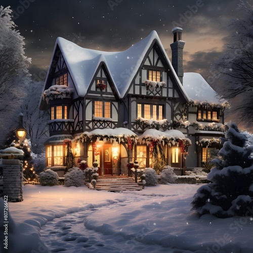 Beautiful winter house in the snow at night. Christmas background.