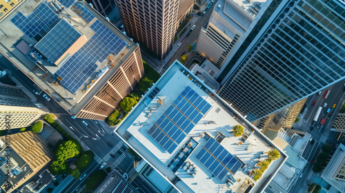 Aerial view of city with solar panels on rooftops of buildings. City skyline. Concept of sustainability and ecology.
