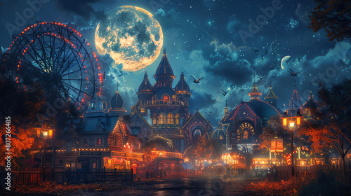 A 3D horrorthemed carnival with haunted houses, spooky rides, and ghostly performers, under a full moon © Parinwat Studio