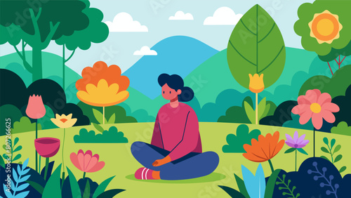 A quiet garden filled with colorful flowers where a person sits and contemplates lifes uncertainties.. Vector illustration