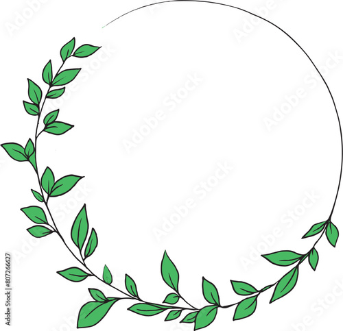 Round botanical frame. Circular wreath. Letter O with green branches. Floral font. Artistic alphabet with botanical motifs.