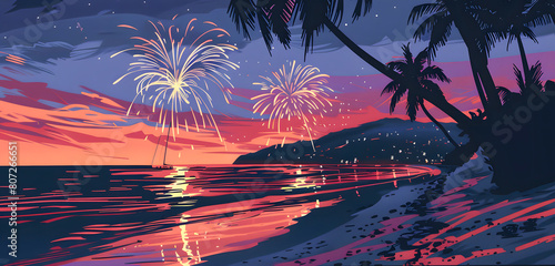A beautiful beach scene with a sunset in the background and fireworks in the foreground. Scene is peaceful and relaxing