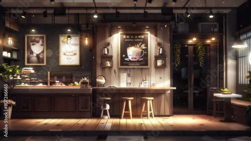 autumn night cafe wood interio twitch zoom vtuber asset obs screen anime chill hip stream overlay loop background interior of a coffee shop woodsy aesthetic during fall orange tones. anime. photo