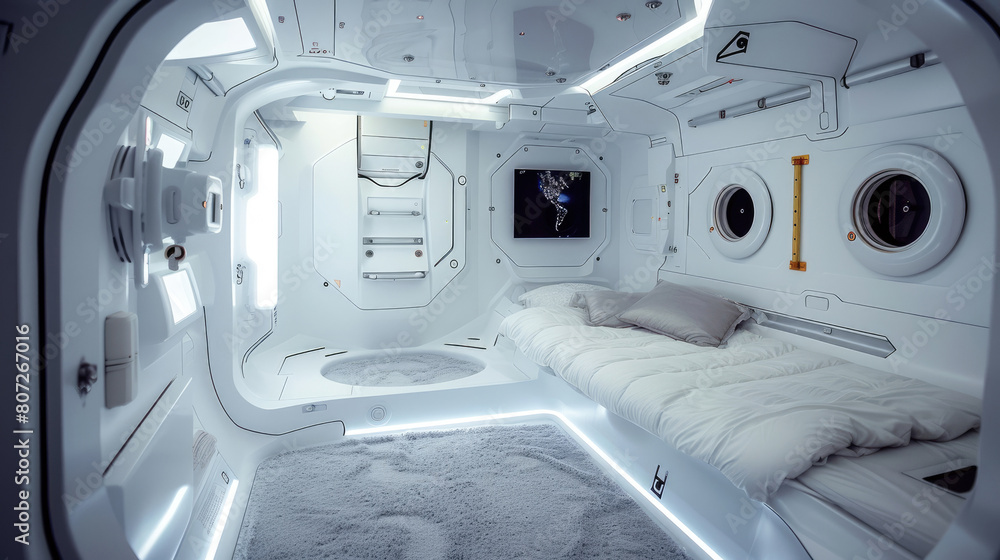 Room with bed in spaceship, white interior design of starship, inside futuristic spacecraft. Theme of space, future, bedroom, travel, scifi, home Room with bed in spaceship, white interior design of starship, inside futuristic spacecraft. Theme of space, future, bedroom, travel, scifi, home