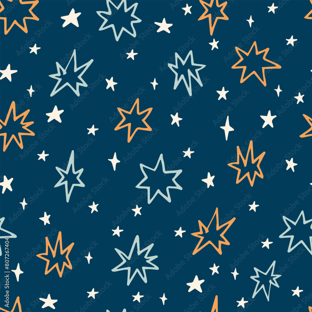 Obraz premium Seamless abstract geometric pattern with ink doodle stars. Christmas gift wrapping paper texture. Hand drawn vector background.