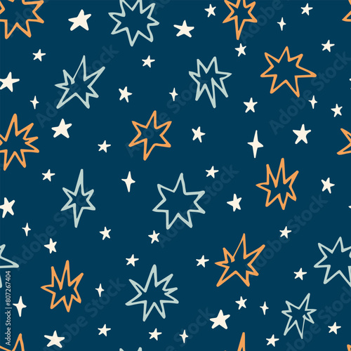 Seamless abstract geometric pattern with ink doodle stars. Christmas gift wrapping paper texture. Hand drawn vector background.