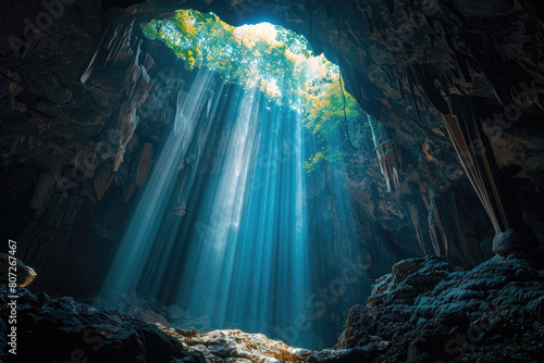 Entrance of karst cave inside mountain, dark cavern with blue rays of light from hole in jungle. Theme of travel, wild nature, landscape, background, opening photo