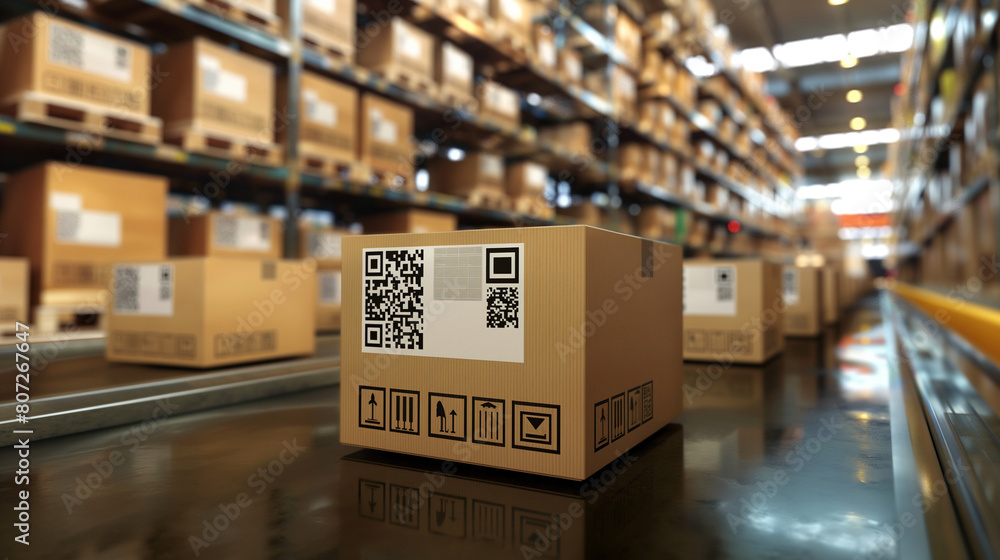 Amidst the organized chaos of a busy shipping hub, cardboard boxes featuring QR code tags are sorted with precision and efficiency, demonstrating the seamless integration of smart