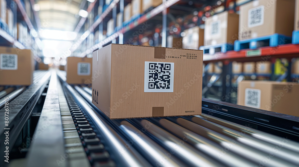 Within the high-tech confines of a distribution center, conveyor belts transport cardboard boxes labeled with QR codes to automated sorting stations, highlighting the efficiency an Within the high-tech confines of a distribution center, conveyor belts transport cardboard boxes labeled with QR codes to automated sorting stations, highlighting the efficiency an
