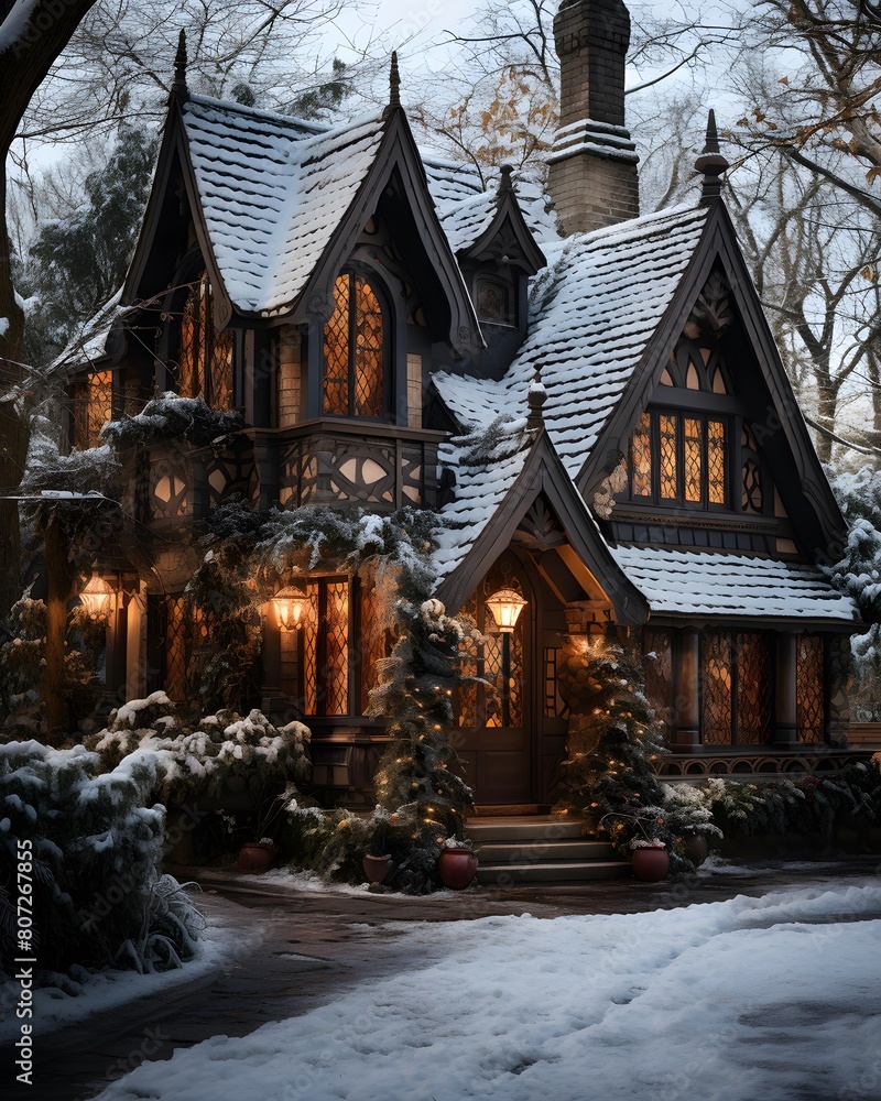 Beautiful wooden house in the winter forest at sunset. The cottage is decorated with snow.