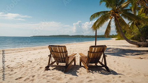 Sunset Serenity: Two Wooden Chairs under Umbrella on White Sandy Beach, Framed by Palm Trees and Sunlit Sky – Perfect Banner for Your Summer Vacation Escapes