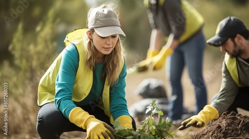 Volunteers engage in community service by planting trees, expanding forests and enhancing the environment for the betterment of both community and planet. photo