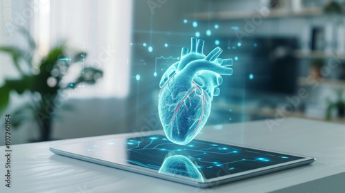 large tablet displaying vibrant blue holographic 3D heart with pulse lines, laid on white table, advanced healthcare technology