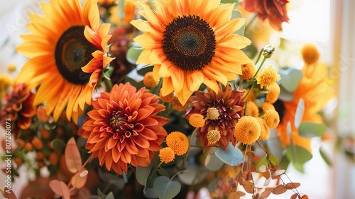 a striking bouquet of bold and vibrant sunflowers, complemented by goldenrod and orange dahlias, creating a cheerful and uplifting display that captures the spirit of summer. 