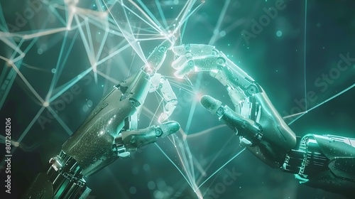 Hands of robot and human touching, connected by glowing big data network, 4K realistic, AI and machine learning, futuristic lab setting