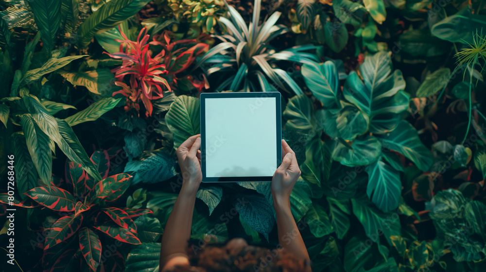 Amidst the tranquil setting of a rooftop garden, a woman's hands interact with a digital tablet, the blank screen offering a moment of solitude and contemplation in the midst of a Amidst the tranquil setting of a rooftop garden, a woman's hands interact with a digital tablet, the blank screen offering a moment of solitude and contemplation in the midst of a