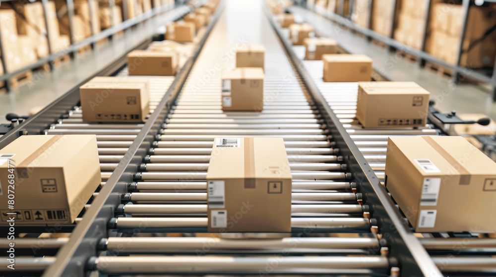 A conveyor belt with boxes on it A conveyor belt with boxes on it