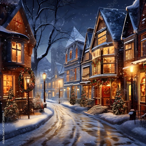 Winter street in the village. Christmas and New Year's background.