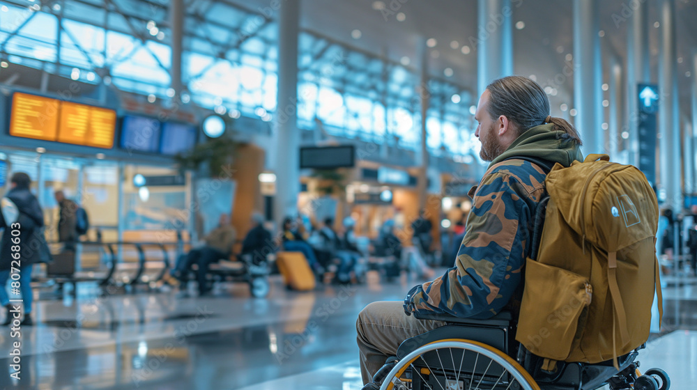 Within the confines of a bustling airport terminal, a traveler with diverse abilities utilizes assistive technology to stay connected through email communication, exemplifying the Within the confines of a bustling airport terminal, a traveler with diverse abilities utilizes assistive technology to stay connected through email communication, exemplifying the