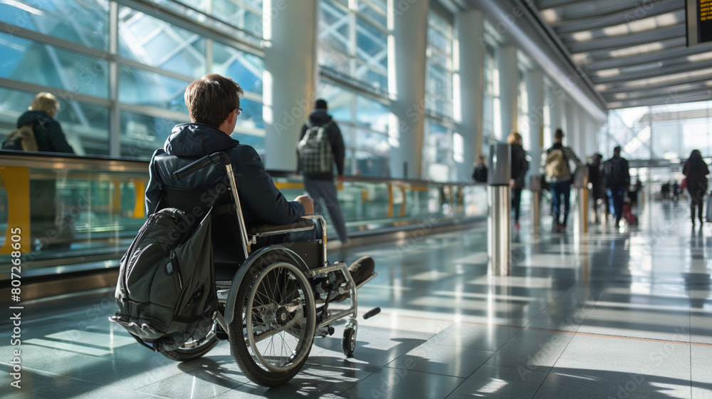 Within the confines of a bustling airport terminal, a traveler with diverse abilities utilizes assistive technology to stay connected through email communication, exemplifying the Within the confines of a bustling airport terminal, a traveler with diverse abilities utilizes assistive technology to stay connected through email communication, exemplifying the