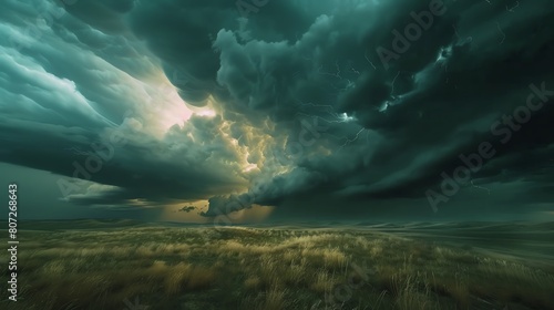 Incredible supercell spinning across Wyoming, sky full of dark storm clouds, 4K realistic, wide angle, ominous lighting photo