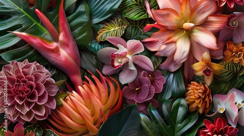 a stunning composition of rare and exotic blooms, such as proteas, bird-of-paradise, and anthuriums, boasting a tropical allure and commanding attention with their unique shapes and colors.