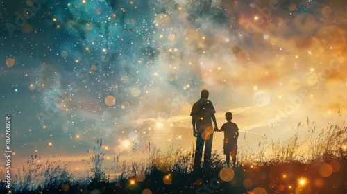 Silhouette of a father and child combined with a starry night sky