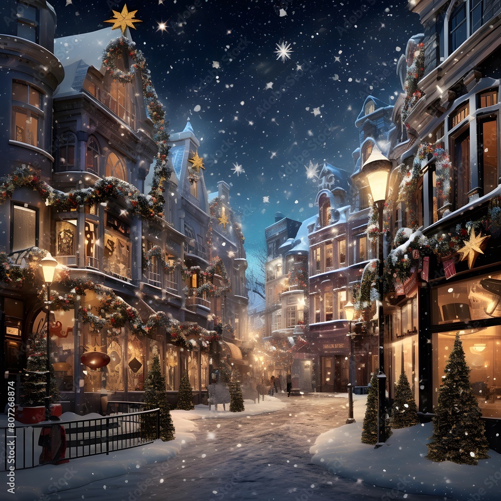 Christmas and New Year holidays in european city. Christmas street with houses, trees and snowflakes