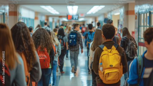 Within the bustling corridors of a high school, students weave through the throngs of their peers, exchanging greetings and laughter as they make their way to their first class of photo