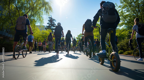 Within the dynamic environment of a university campus, students pedal past on bicycles and skateboards, their backpacks bouncing with each stride as they navigate the pathways to t