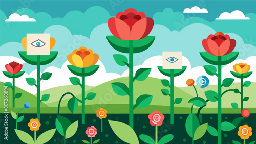 A garden of beautiful flowers each one representing a different lie spread by the vines of misinformation..