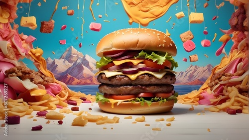 An innovative wallpaper design merges a surreal concept with vibrant, melting aesthetics, showcasing a creative burger theme. With ample blank space for text, it offers an ideal backdrop for customiza