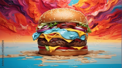 An innovative wallpaper design merges a surreal concept with vibrant, melting aesthetics, showcasing a creative burger theme. With ample blank space for text, it offers an ideal backdrop for customiza