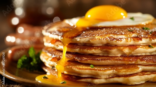 A stack of golden, syrupy pancakes photo