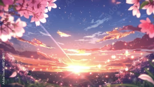 Digital artwork of a red sunset in anime or manga style. Clouds and stars fill this scene in a romantic artwork. Digital abstract painting in the janapese style Generative AI. anime. Animations photo