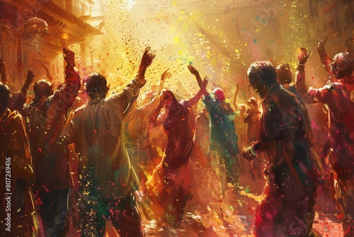 Lively Holi celebration scene with people dancing