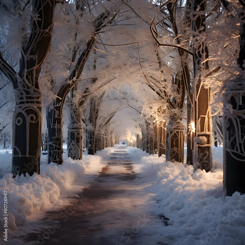 Snowy alley in a city park at night. Winter landscape. © Michelle