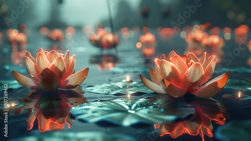 A surreal composition of floating lotus flowers, their serene beauty captured in the reflection of still waters.