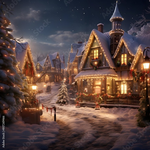 Merry Christmas and Happy New Year in a beautiful winter village.