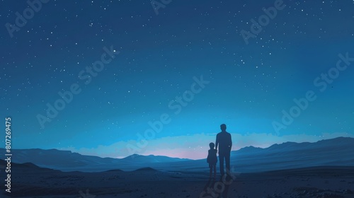 A father and child stargazing together on a clear night