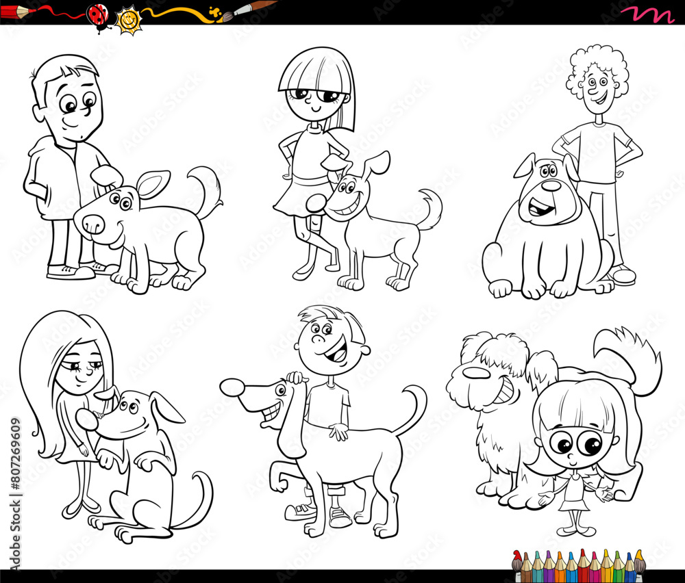 cartoon children and dogs characters set coloring page cartoon children and dogs characters set coloring page