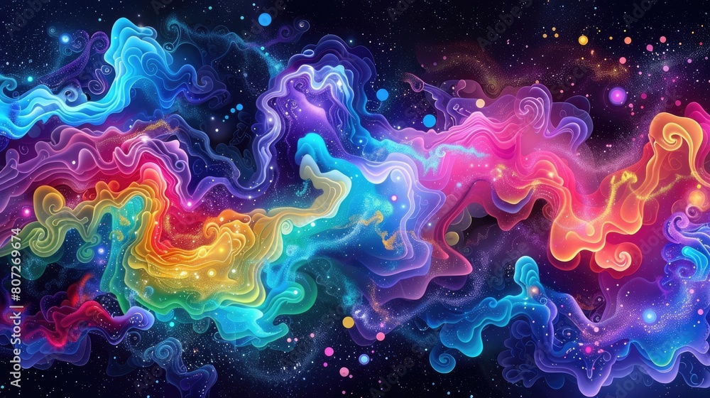 Fototapeta premium A dynamic and colorful abstract design depicting flowing cosmic waves, filled with stars and vibrant hues.