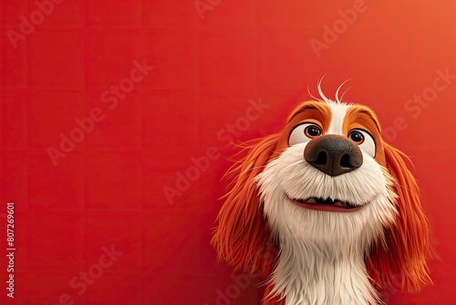cartoonic Portrait of cute cavalier spaniel is sitting on the red background photo