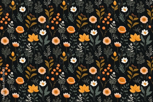 Wallpaper Mural Seamless floral pattern with orange and white flowers on a dark background. Seasonal Bouquets collection. Torontodigital.ca