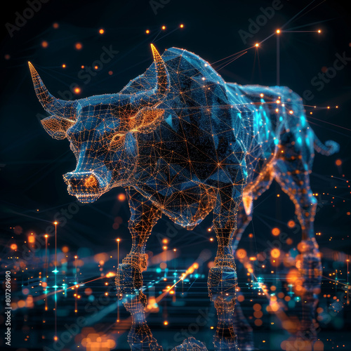 A bull is depicted in a futuristic  abstract style with red and blue colors