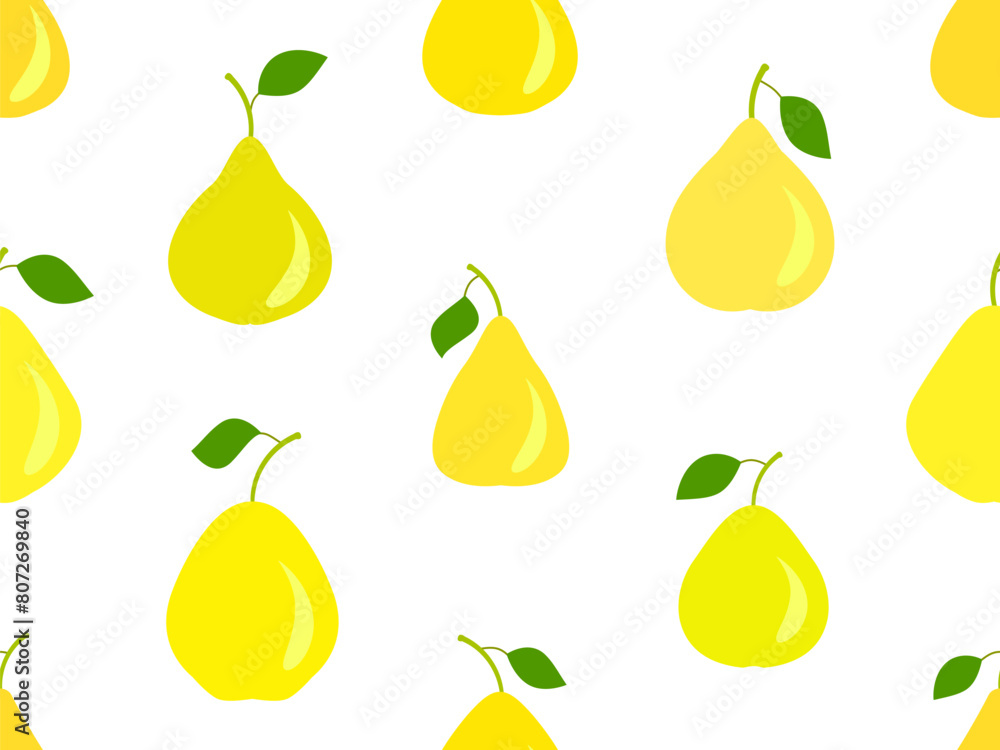 Seamless pattern with yellow pears on a white background. Ripe pears with one leaf. Fruit background with pears for wallpaper, wrapping paper, banners and posters. Vector illustration Seamless pattern with yellow pears on a white background. Ripe pears with one leaf. Fruit background with pears for wallpaper, wrapping paper, banners and posters. Vector illustration